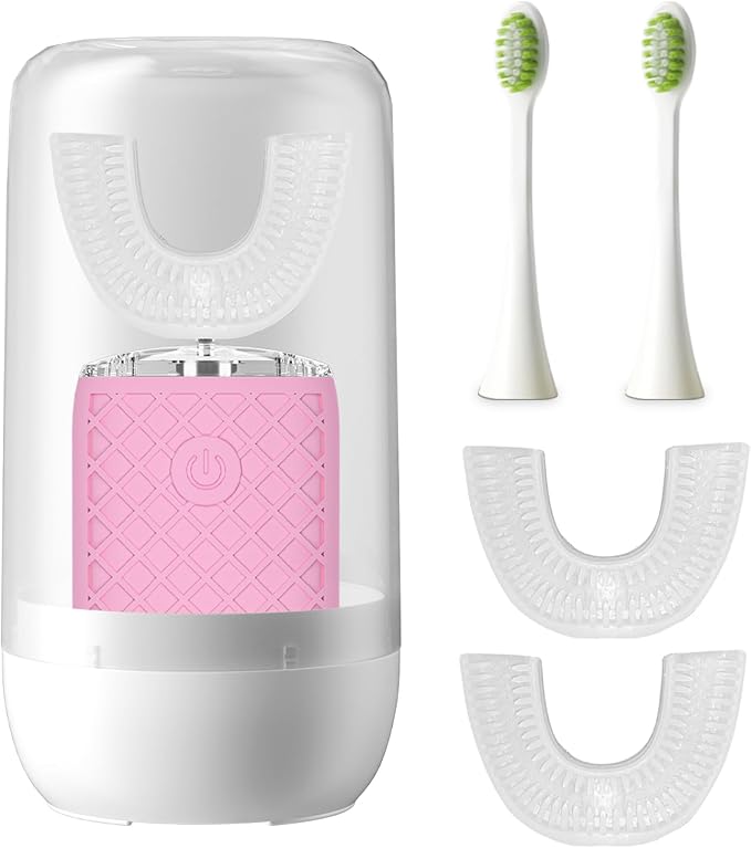 Adult Sonic Automatic Electric Toothbrush, 360° Oral Cleaning Stain Whitening, IPX7 Waterproof Rechargeable, u-Shape Brush Head*3+Straight Handle Brush Head*2 (Pink-Cup)