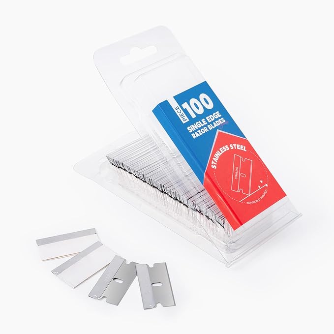 FOSHIO 200PCS Single Edge Razor Blades, Individually Wrapped Stainless Steel Razor Blades for Scraper Tools, Suitable for Removing Labels, Decals, Stickers, Gasket, Silver