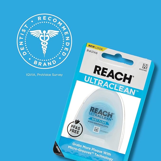 Reach Listerine Ultraclean Dental Floss, Plaque Remover, Shred Resistant, Waxed, Gentle on Gums & Teeth, Mint, PFAS-Free, Fresh Breath, Oral Care, for Adults & Kids, 30 yds - Pack of 2