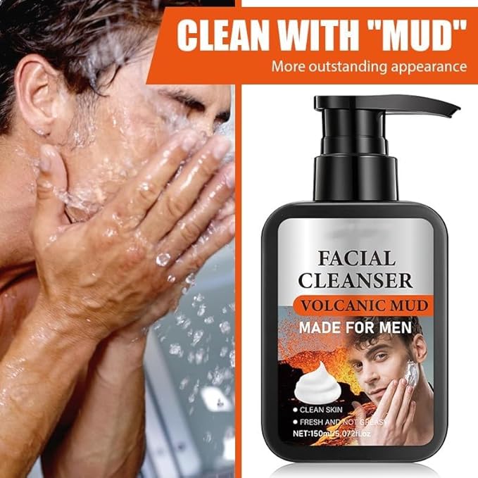 Volcanic Mud Facial Cleanser - Deep Pore Cleansing & Oil Control, Gentle Formula with Coconut Oil & Vitamin C, Face Washing, Mens Beard Face Wash, Exfoliates Skin, Moisturizing for All Skin Types