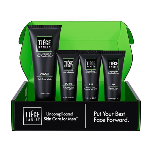 Tiege Hanley Skin Care Set for Men, Essential Routine, System Level 1, Daily Face Wash, Facial Scrub, Moisturizer With SPF, and Night Cream for Healthy, Hydrated Skin, Men’s Skin Care, 4 Piece Kit