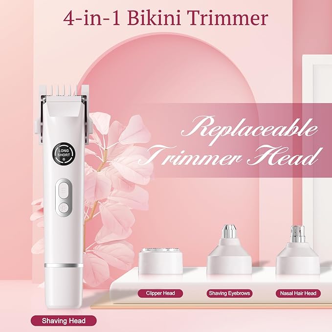 Bikini Trimmer for Women, 4 in 1 Wet/Dry Electric Razors for Women - Dual Head, Painless Rechargeable Portable Womens Razors for Shaving Set for Face, Nose, Eyebrows, Armpits, Bikini Area (White)