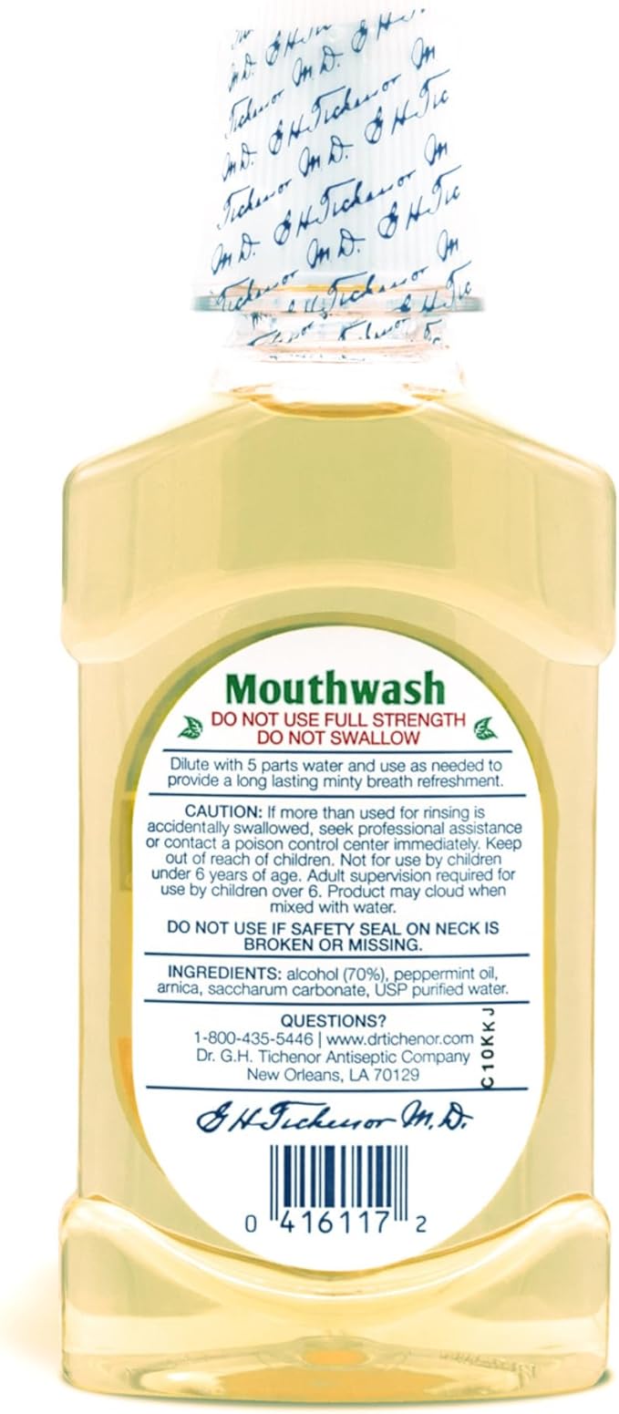 Dr. Tichenor's Peppermint Mouthwash Concentrate - Oral Rinse for Bad Breath and Oral Health With a Minty Punch for Soothing Relief of Minor Sore Throat Irritation - 8 Ounce (Pack of 3)