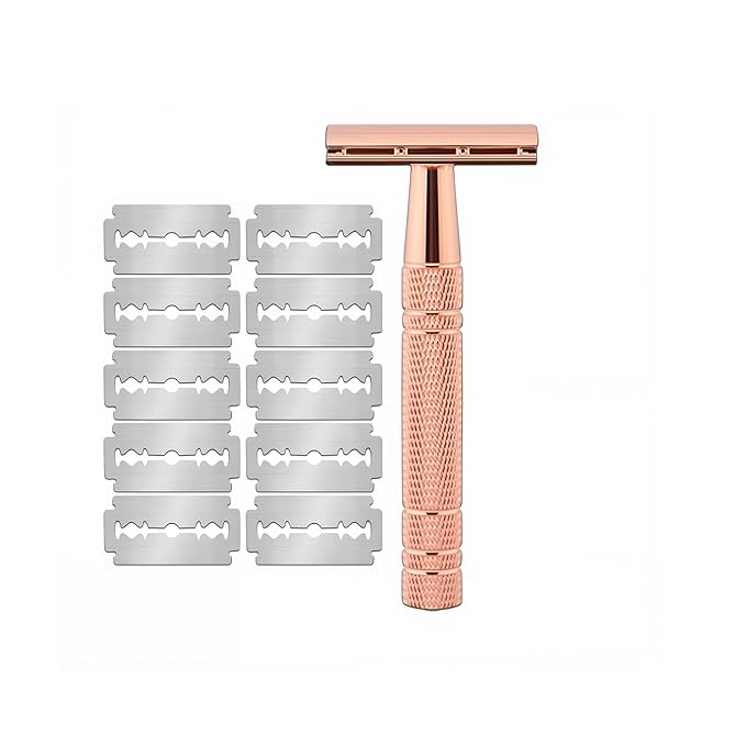 Men's and Women's Manual Razor Safety Razor with 10 Double Edge Blades, Double Edge Razor, Reusable Razor Kit, Eco-Friendly, Smooth Close Shave, Plastic-Free (Pink)