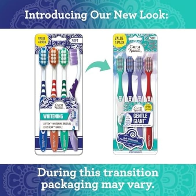GuruNanda Gentle Giant Toothbrush with Dual Action Flossing Spiral Bristles,Non-Slip Ergo Dexa Grip,Helps in Teeth Whitening,BPA Free,(Pack of 8)