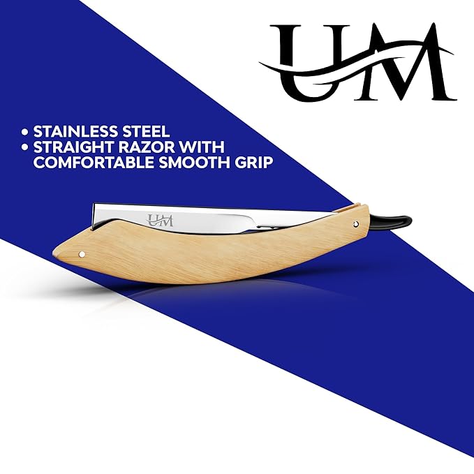 UM Supplies Straight Razors for Men – Professional Barber Straight Edge Razor Kit with 10 Replaceable Insert Single Edge Blades - Navajas Para Barbero (Curved Wooden Handle)
