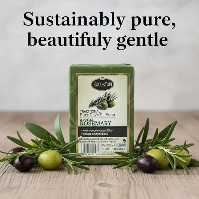 Kalliston, Rosemary & Olive Oil Soap Bar, Includes Bamboo Soap Dish and Tray, Crafted in Historic Crete, Greece, Pack of 4
