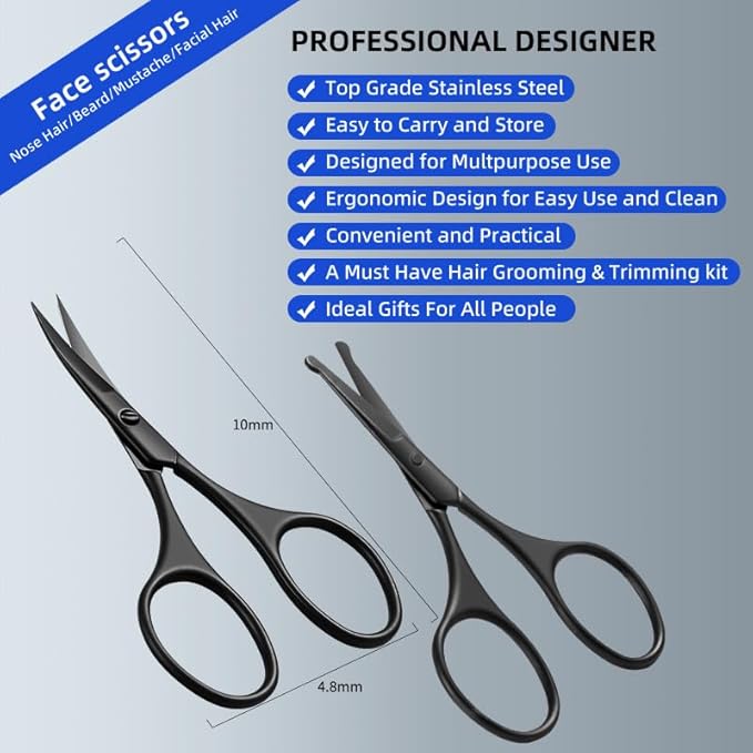 Facial Hair Small Grooming Scissors Set For Men Women Eyebrow Nose Hair Mustache Beard Eyelashes Trimming Kit Curved and Rounded Safety Tip 2PCS