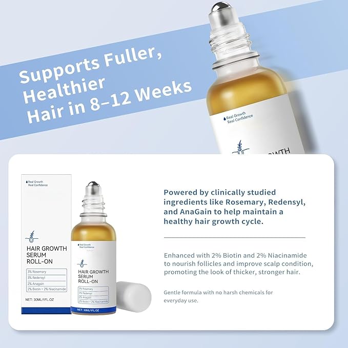Hair Growth Serum Roll-On for Thinning Hair – Stimulates Follicles, Strengthens Roots & Boosts Density with Rosemary & Biotin – Non-Greasy Scalp Treatment for Men and Women 30ml
