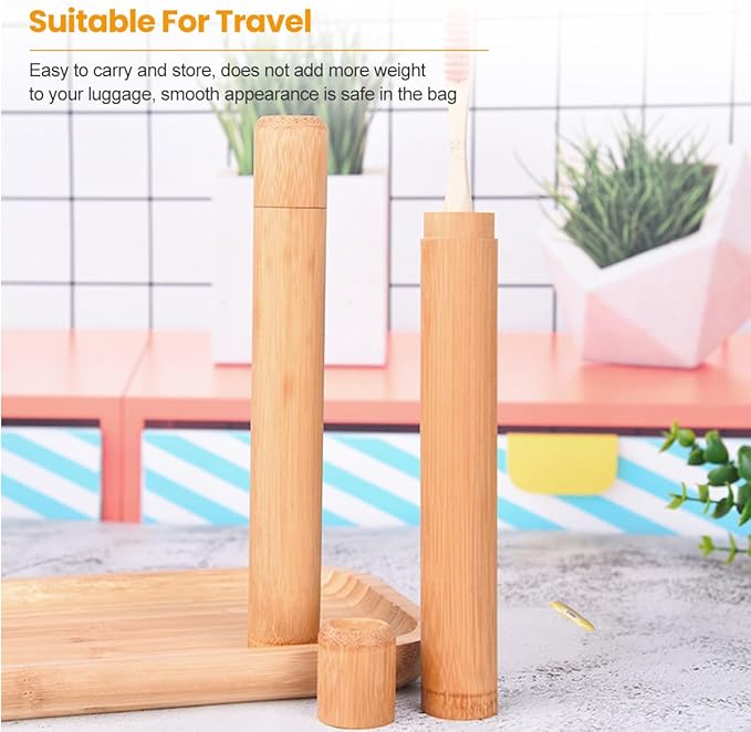 2 Pcs Natural Bamboo Toothbrush Storage Holder Empty Reusable Portable Toothbrush Case with Cover Personal Cleaning Tools Container Organizer Tube for Travel Trip