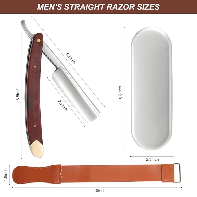 Straight Razors for Men Vintage Straight Razor with Wooden Handle and Steel Straight Razor Blade - Professional Straight Edge Barber Razor Set with Iron Box and Leather Strop