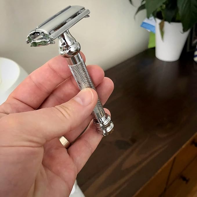 Parker 99R Chrome Long Handle Heavyweight Butterfly Open Double Edge Safety Razor for Men | 5 Parker Premium Platinum Double Edge Razor Blades Included | Iconic Brand