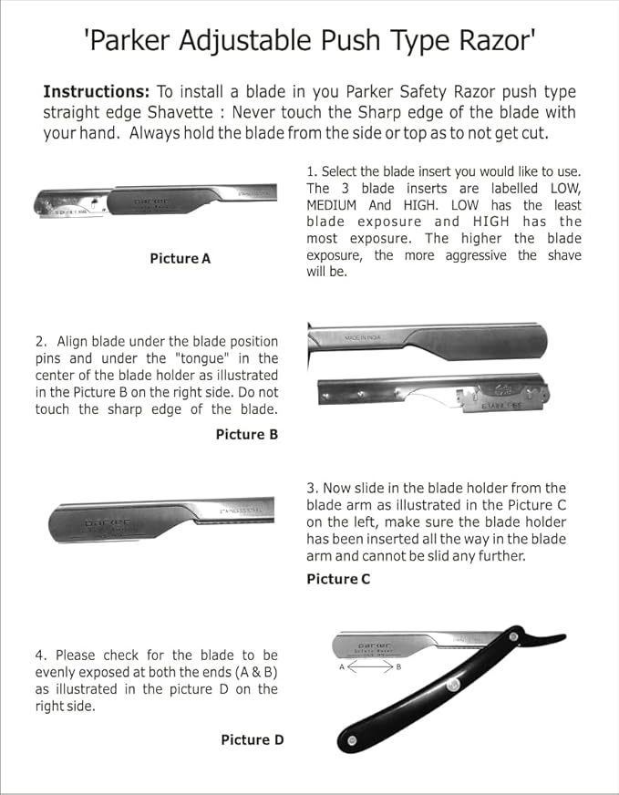 Parker PTABK Adjustable Stainless-Steel Barber Razor | 3 Blade Exposures (Low/Medium/High) | Straight Shavette with 5 Premium Platinum Refills | Black Stainless Steel Handle