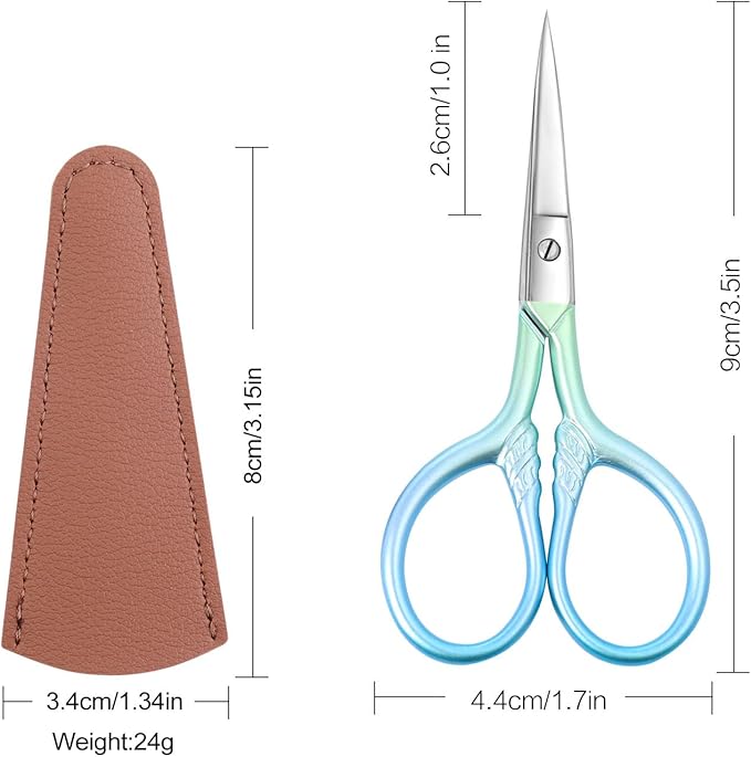 Small facial hair scissors, stainless steel (blue) versatile retro beauty kit for men's and women's bathrooms, nose hair, eyebrows, eyelashes, beard trim, with PU sheath