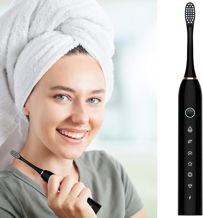 Electric Toothbrush with 4 Brush Heads 6 Modes Smart Timers IPX7 Waterproof USB Rechargeable 42000VPM Adults Toothbrush Set Travel Toothbrush Rechargeable Portable 4 Brush Heads Black