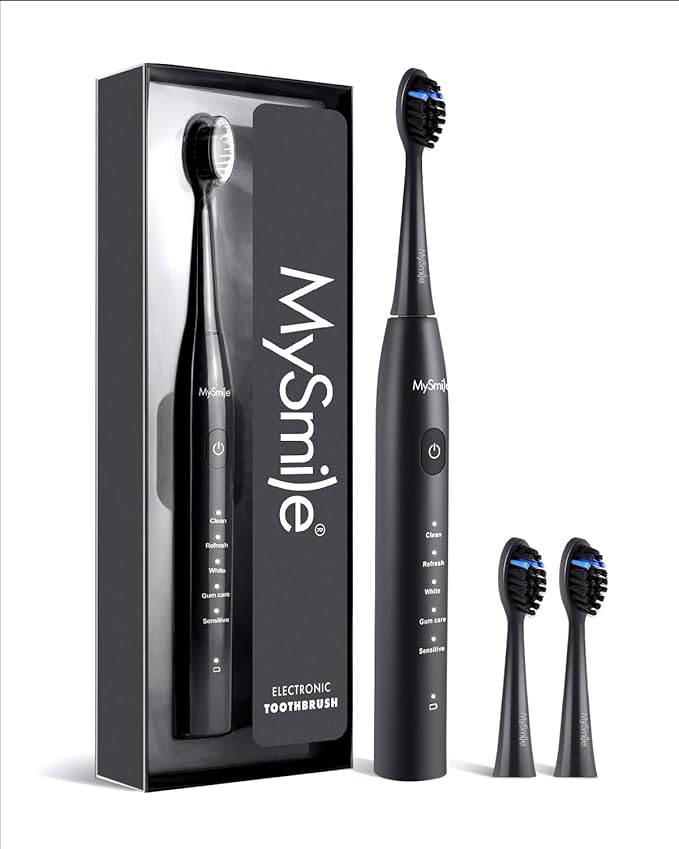 MySmile DY156 Electric Toothbrush for Adults, Rechargeable Sonic Battery Toothbrush Portable with 3 Brush Heads, 2 Mins 5 Modes Smart Timer, 45000VPM, One Charge for 60 Days – Black