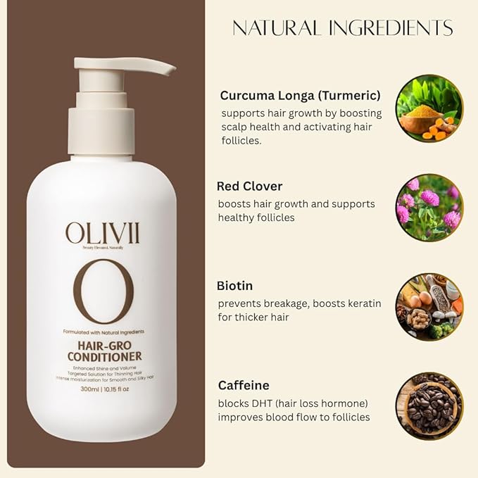Olivii Hair-Gro Conditioner for Thicker Fuller Hair - Hair Growth with Turmeric, Red Clover, Biotin & Caffeine - Reduces Hair Loss, Soothes Scalp - For All Hair Types