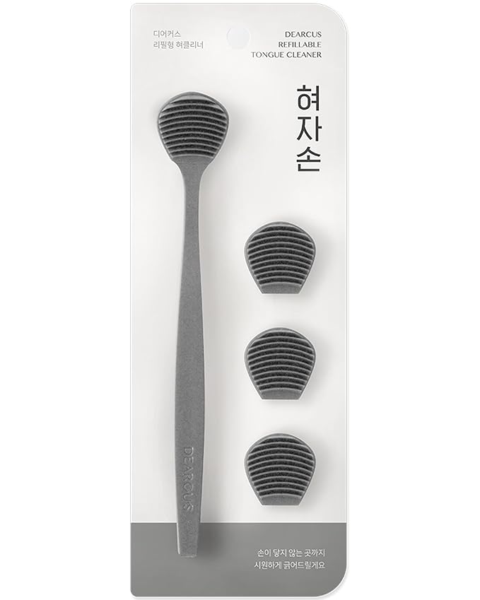 DEARCUS Tongue Scraper with 3 Replaceable Heads for Up to 9 Months - Soft BPA-Free TPE Tongue Cleaner, Designed to Reduce Gag Reflex, Helps Freshen Breath & Remove White Coating (Gray)