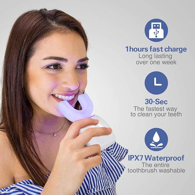 Ultrasonic Automatic Toothbrush, Ultrasonic U-Shaped Toothbrushes for Adult, 360° Mouth Cleaning, Electric ToothBrush with Automatic Timer, Wireless Charging Teethbrush Kit for Travel Or Home (White)