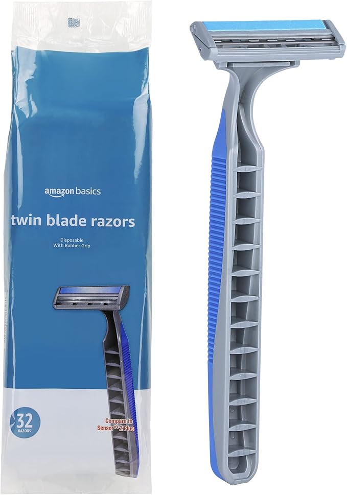 Amazon Basics Twin Blade Pivoting Disposable Razors with Rubber Grip for Great Grip When Wet, Travel-Friendly, 32 Count, 1-Pack (Previously Solimo)