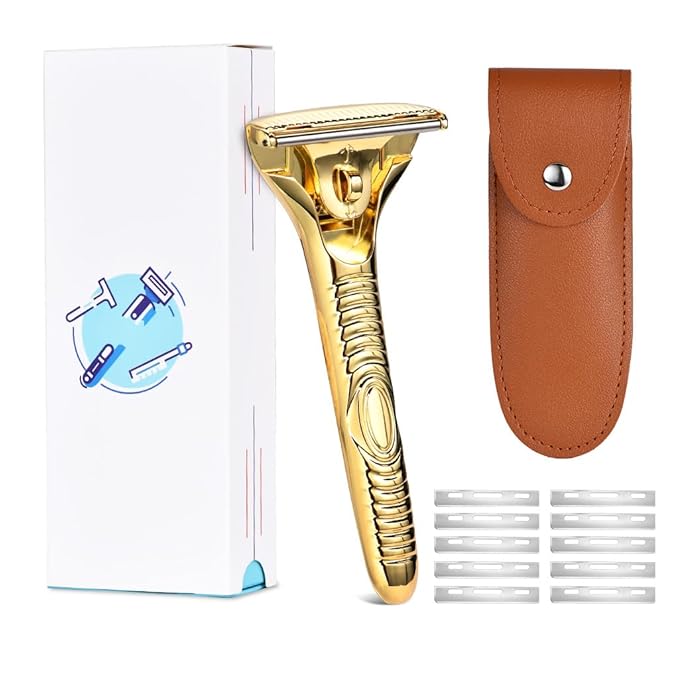 Single Blade Razors for Men and Women, Reusable Modular Safety Razor with Magnetic Head and Metal Non-Slip Grip, 10 Single Edge Razor Blades & Leather Case,Gold Roller
