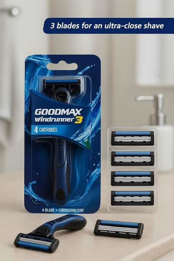 Men’s Razor System – Pivoting Triple-Blade Handle with Aloe Lubricating Strip, Nano-Coated Blades, Anti-Slip Grip + 4 Replacement Cartridges