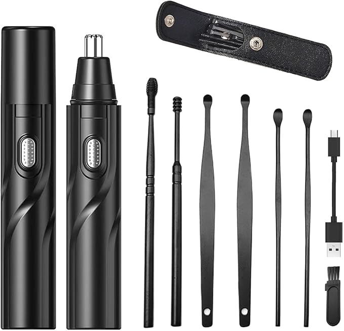 Ear and Nose Hair Trimmer Clipper, Electric Nose Ear Hair Trimmer Rechargeable with 6 Pieces Earpick Trimming Nose Hair Painless Removal Nose Hair Speed Rotation Motor Nose Hair Clipper (Black)