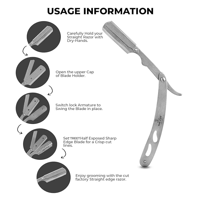 The Cut- Factory- Exquisite Line Straight Razors for Men with Ultra Sharp Single Edge Blades Premium Matte Silver Coated Barber Straight Razor with Leather Pouch and Gift Box