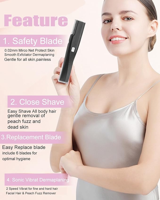 Electric Facial Exfoliator for Women, 2 Speed Vibrate Dermaplaning Face Razor for Peach Fuzz,Exfoliation & Body Hair Removal with 6 Replace Blades - Safety Micro-Guards (Black)