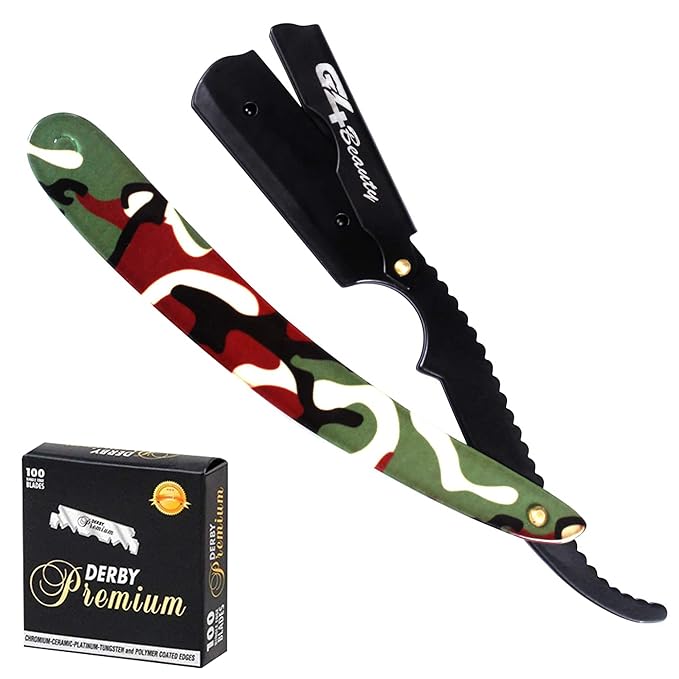 G4 Stainless Steel Straight Edge Barber Shaving Razor Blade for Close Shaving Men Replaceable Blades (Camo)