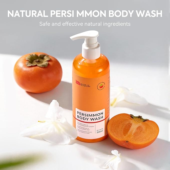 Persimmon Body Wash for Body Odor Control, Natural Deodorizing Soap for Underarms, Intimate Area & Smelly Feet, Deep Cleansing Odor Eliminator with Tea Tree, Family Safe 10 Fl Oz