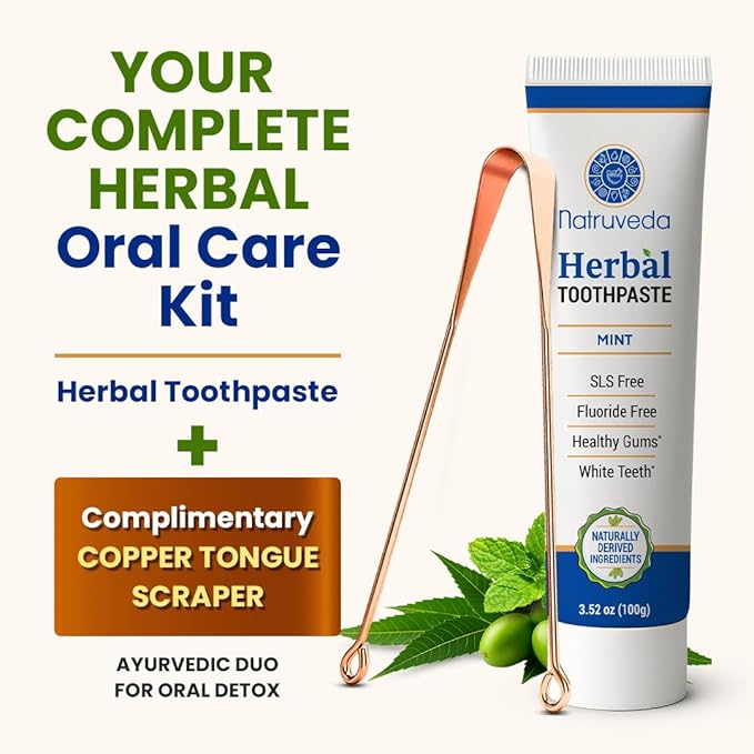 Natruveda Neem Herbal Toothpaste with Complimentary Copper Tongue Scraper | Fluoride Free, SLS Free, Natural Toothpaste for Adults | Ayurvedic Oral Care with Mint & 8 Herbal Ingredients | 3.52 oz