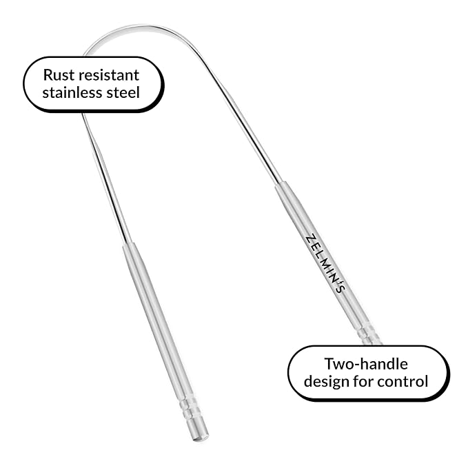 Zelmin's Tongue Scraper – Dual-Handle Tongue Cleaner for Odor-Free Breath Before Meetings, Meals, Flights & Dates – Durable Rust-Resistant Oral Hygiene Tool