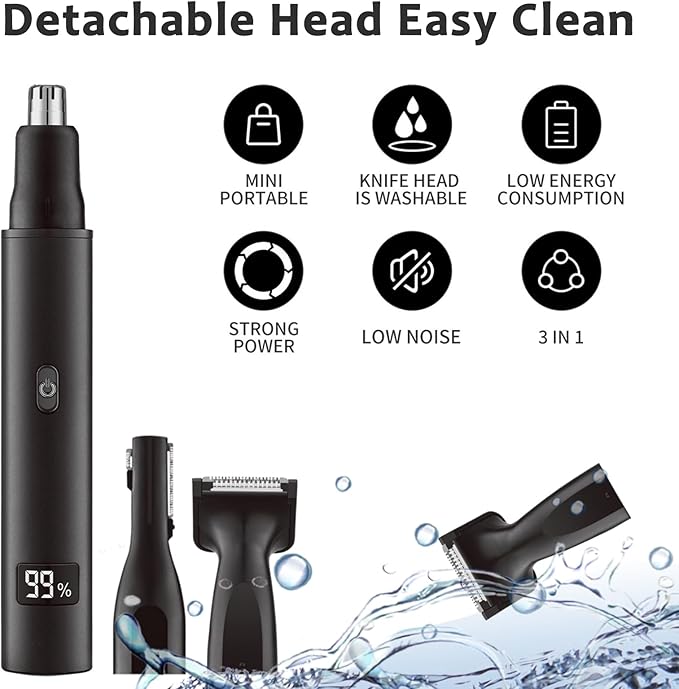 Nose and Ear Hair Trimmer for Men - Rechargeable Eyebrow Face Shaver - Nasal Hair Clippers 3 in 1 Painless Eye Brow Facial Hair Beard Razor for Sideburns Dual-edge Blades 6500 RPM Easy Cleansing
