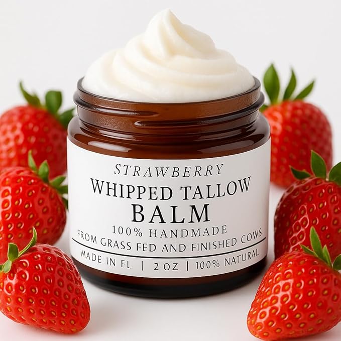 HANDMADE WHIPPED STRAWBERRY TALLOW BALM - Grass Fed - O. Essential Oils, O. Jojoba Oil, O. Arrowroot Powder