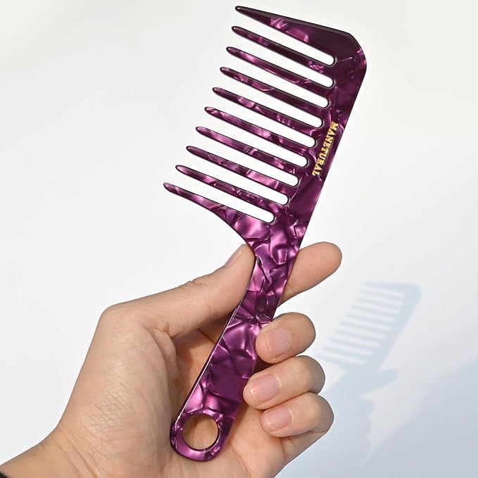 D1 | wide tooth comb 7.4"for easy portability. Suitable for Women's/girl curly, curly and tight hair, the short handle design is easy to carry. Acetate comb (Purple)