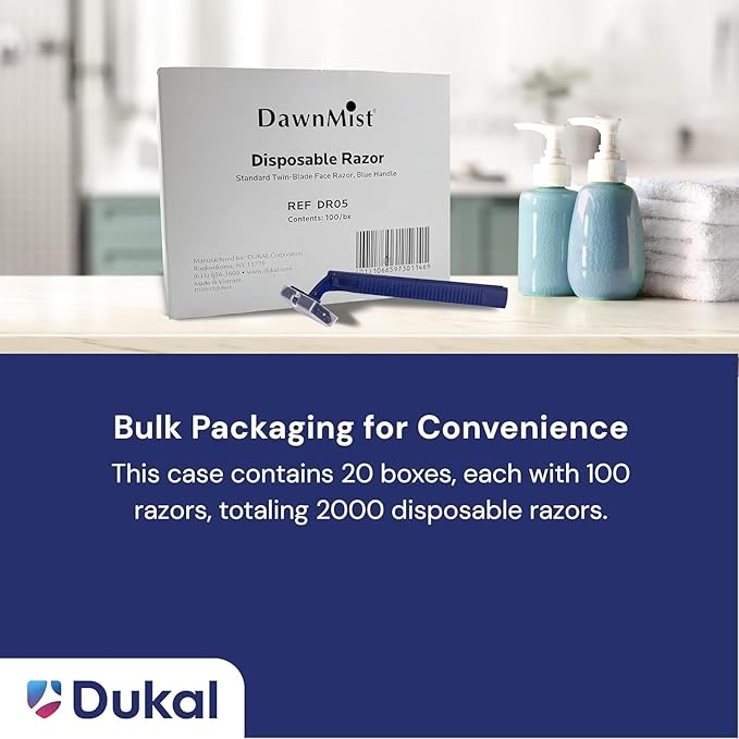 Dukal DawnMist Twin-Blade Disposable Razor, Blue Handle – Bulk Pack of 100, Precision Shave for Smooth & Comfortable Grooming
