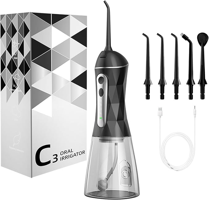Water Dental Flosser Teeth Pick: Portable Cordless Oral Irrigator 320ML Rechargeable Travel Irrigation Cleaner IPX7 Waterproof Electric Flossing Machine for Teeth Cleaning (Black)