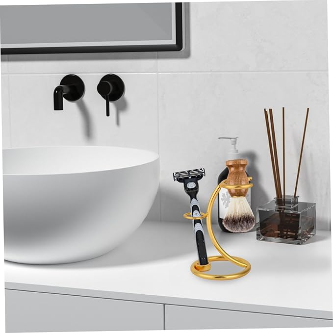 Safety Razors Stand with Brush Holder, Golden Heavy Duty Metal Shaving Brush Stand for Men, Extra Wide Openings, Fits Most Brushes and Razors Shaving