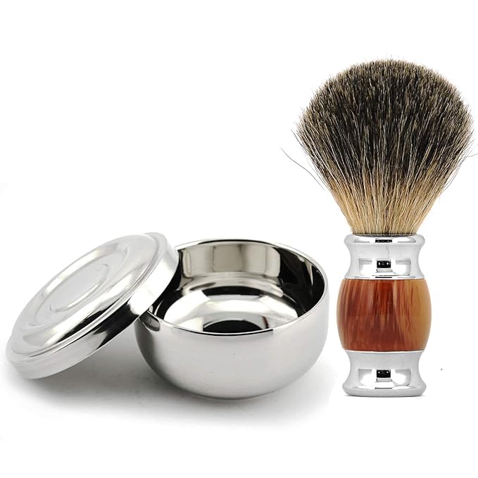 Grandslam Stainless Steel Shaving Bowl and Badger Hair Brush Kit - Wide Mouth, With Lid
