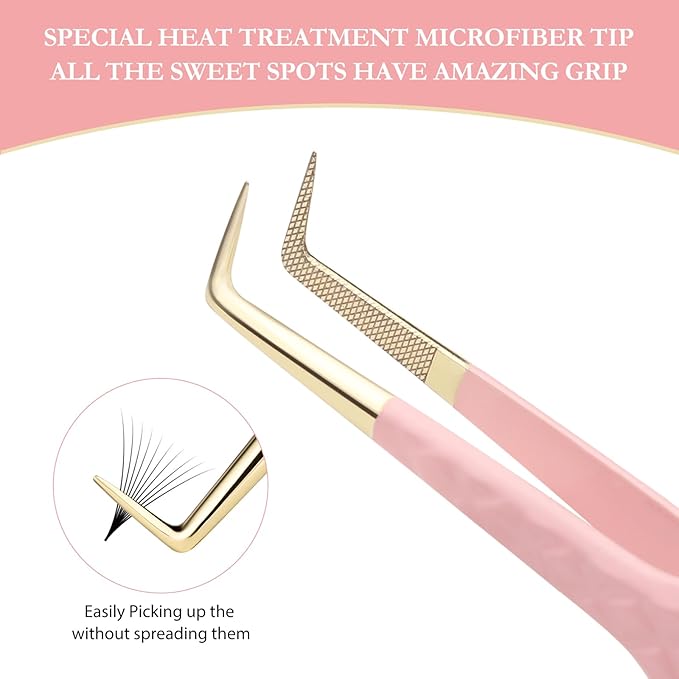 Lash Tweezers Set for Eyelash Extensions - 3 Precision Fiber Tip Diamond Grip, Volume,L-shape Boot, 90 Degree Lash Tweezers for Volume Classic Lashes Premade Fans (3)