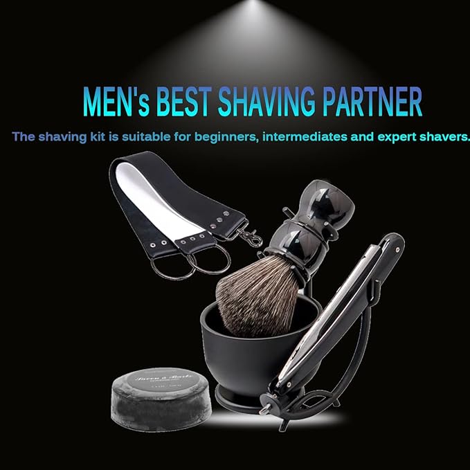 Luxury Men's Shaving Kit Gift Set, DanNuo Barber Straight Razor with Stand Shaving Brush Dual-Layer Leather Razor Strop Bowl Soap 6pcs Shaving Set for Men