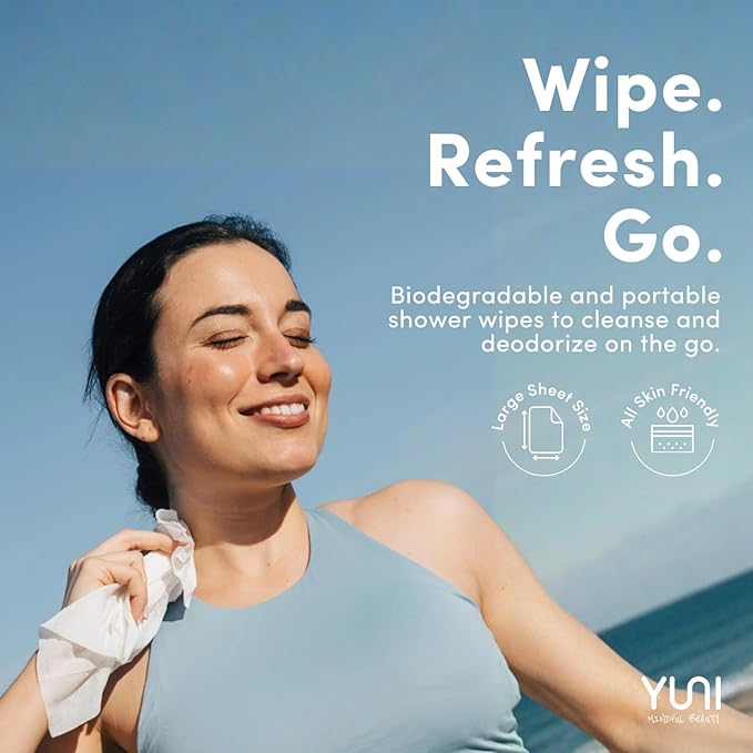 YUNI Beauty Large Body Wipes (Unscented, 12 Count) Super Soft Moist Showerless that Cleanse & Deodorize - On-the-Go Waterless Body Cleanser - Biodegradable Individually Wrapped Wipes for Travel