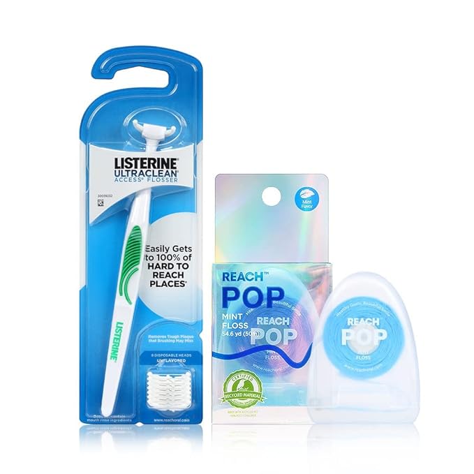 Listerine Ultraclean Access Flosser & Reach POP Dental Floss Bundle | Proper & Durable Oral Care & Hygiene | Effective Plaque Removal, Eco-Friendly Packaging, PFAS Free | Starter Kit + Mint 55YD
