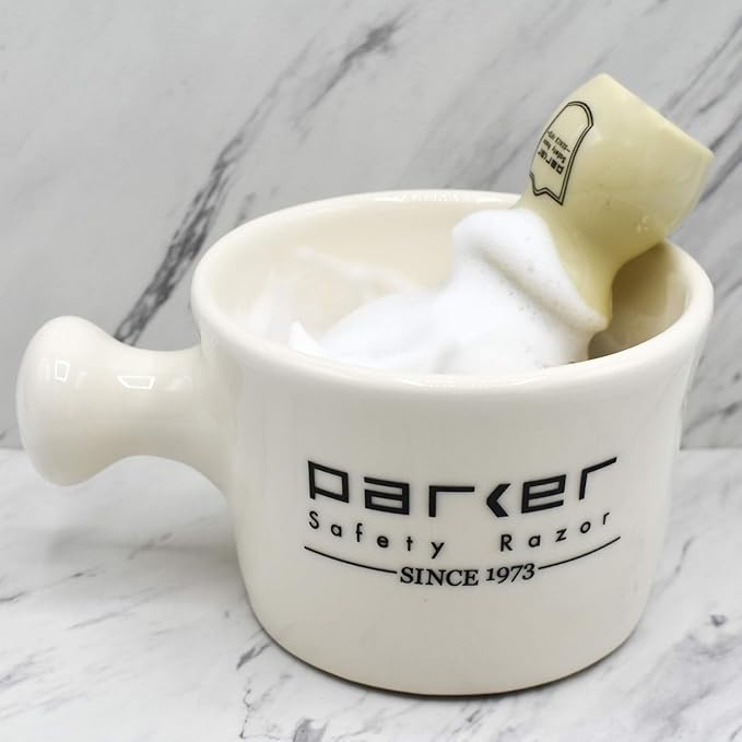 Parker Deluxe Stoneware Apothecary Shaving Mug – for use with up to 3” Shave Soaps and Lathering Shave Creams – Handmade in The USA (Ivory)