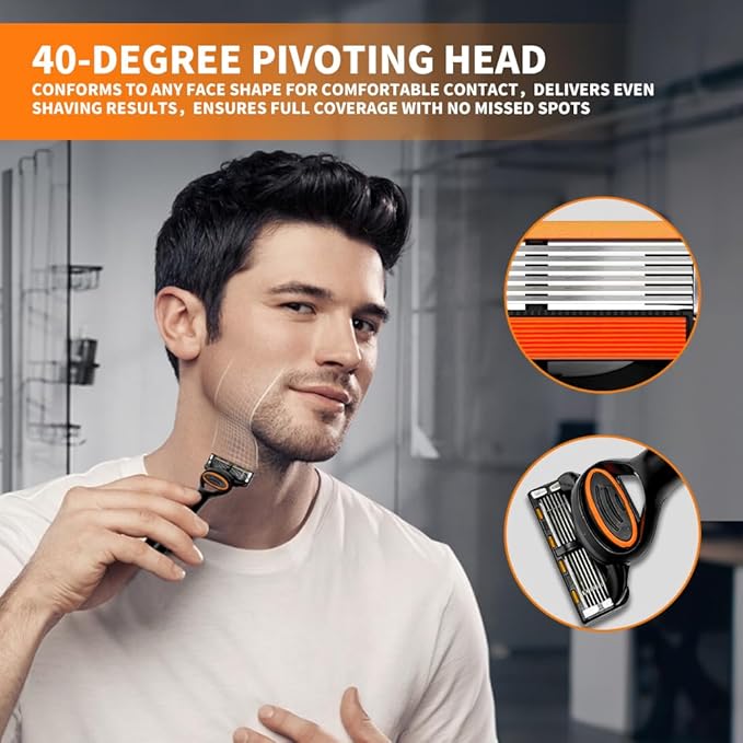 Men’s Cartridge Razors with 4 Replacement Cartridges,Pivoting Head, 6 Flex Stainless Steel Blades & Lubrication Strip for Smooth Shaving - Precision Engineered for Daily Use and Travel
