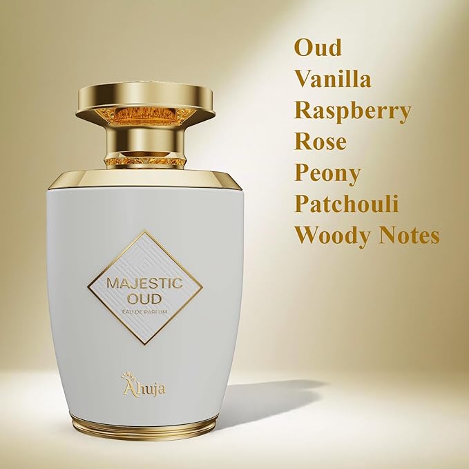 AHUJA Majestic Oud Eau De Parfum 3.4 fl oz – Unisex Perfume for Men & Women, Long Lasting Luxury Fragrance with Oud, Vanilla, Raspberry, Rose, Peony, Patchouli & Woody Notes – Elegant Gift Scent