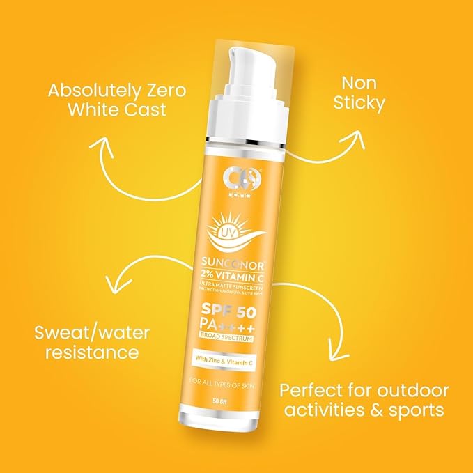 2% Vitamin C Sunscreen SPF 50 PA+++ | Water Resistant & Non-Greasy, Broad Spectrum Sunblock with Vitamin C, Zinc Oxide & Glycerine | Matte Finish, UVA/B Sun Protection for Women & Men | 50 gm