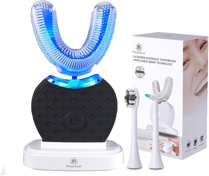 U-Shaped Ultrasonic Toothbrush for Teeth Whitening, Automatic Electric Toothbrush for Adults 360-degree Cleaning, Wireless Charging and IPX7 Waterproof Kit for Travel or Home(Black)
