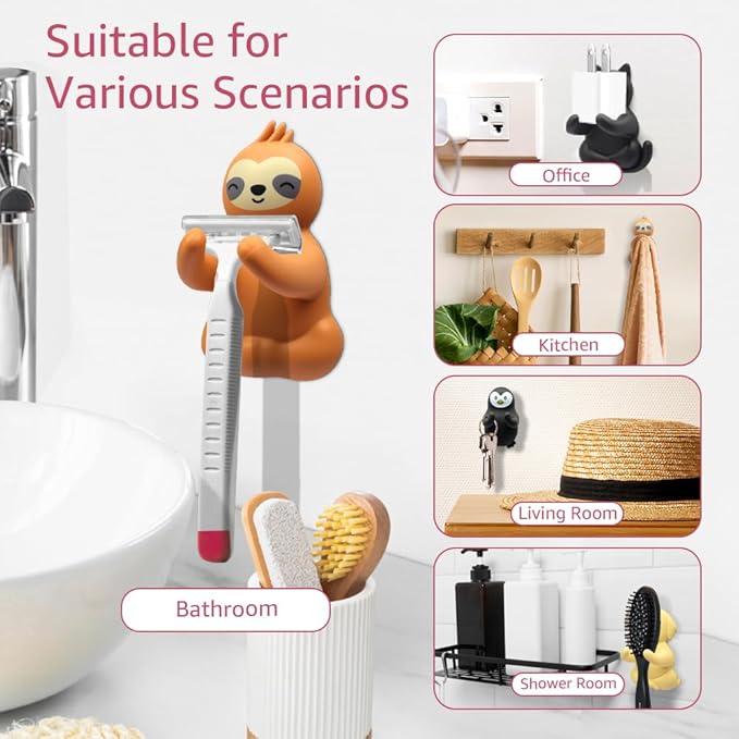 Razor Holder for Shower, Funny Sloth Safety Razor Stand for Women, Razor Hanger for Family, Towel Squeegee Shaver Hooks for Bathrooms Wall, Cute Decorative Shaver Hooks for Friend Sister D